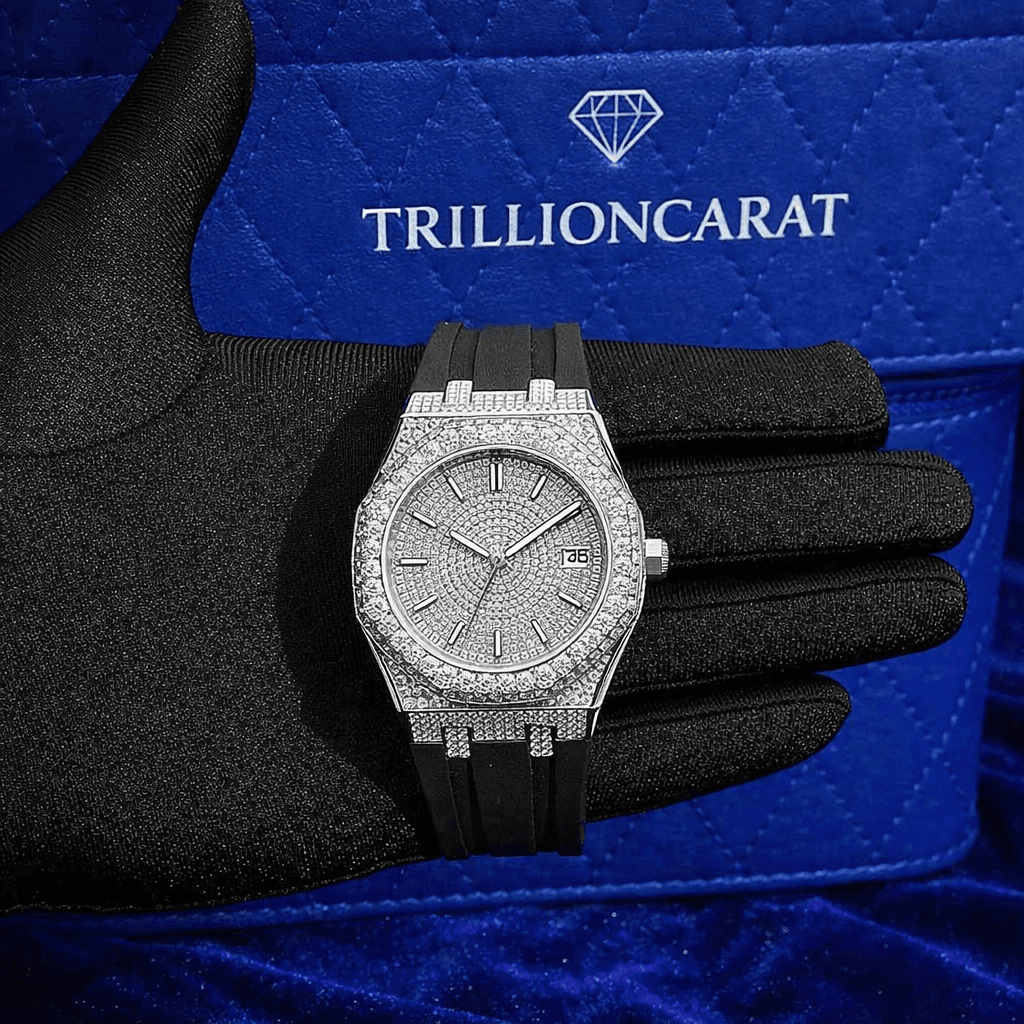Moissanite Iced Out Silicone Band Watch | 13.5CT | White Gold