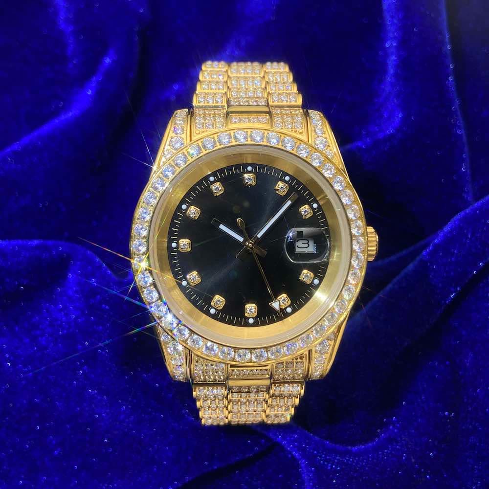 Moissanite Presidential Watch | Roman Numeral Dial | 20 Iced Out |Yellow Gold
