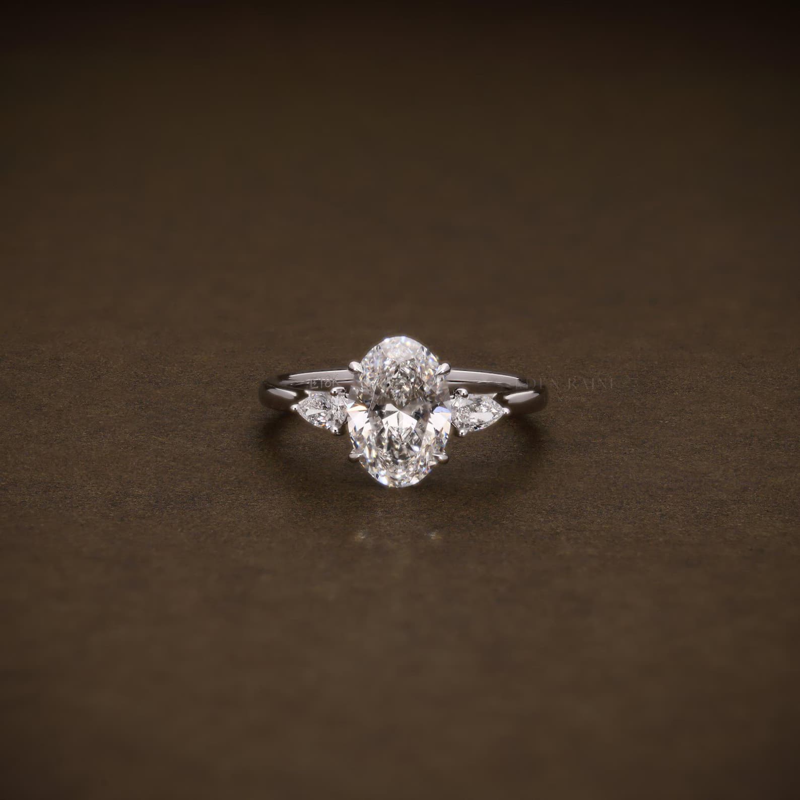 Oval Lab Grown Diamond Engagement Ring Flanked by Two Pears, Three Stone Diamond Ring, IGI Certified Anniversary Ring